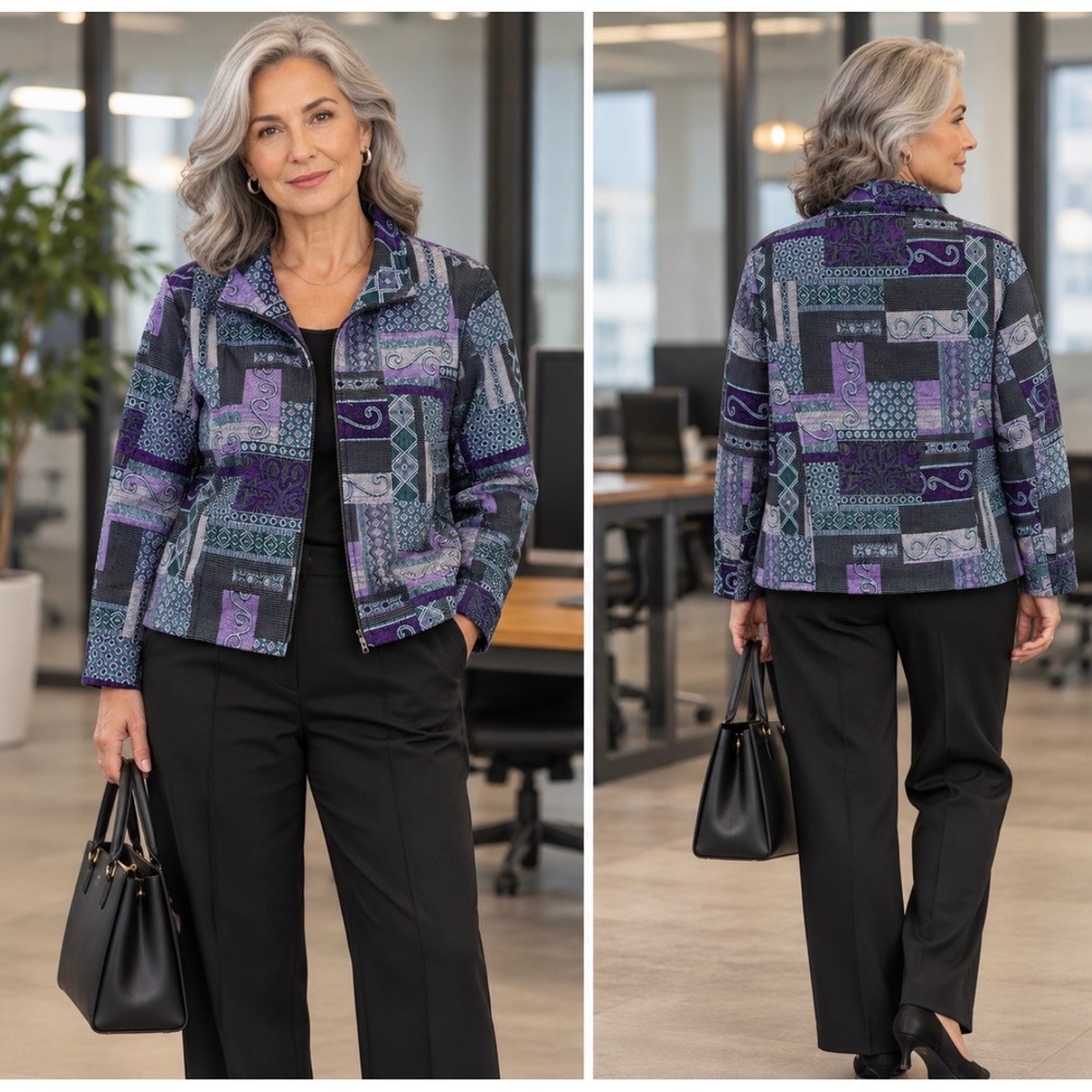 Renaissance Petite Womens PXL Purple Teal Patchwork Tapestry Zip Front Jacket